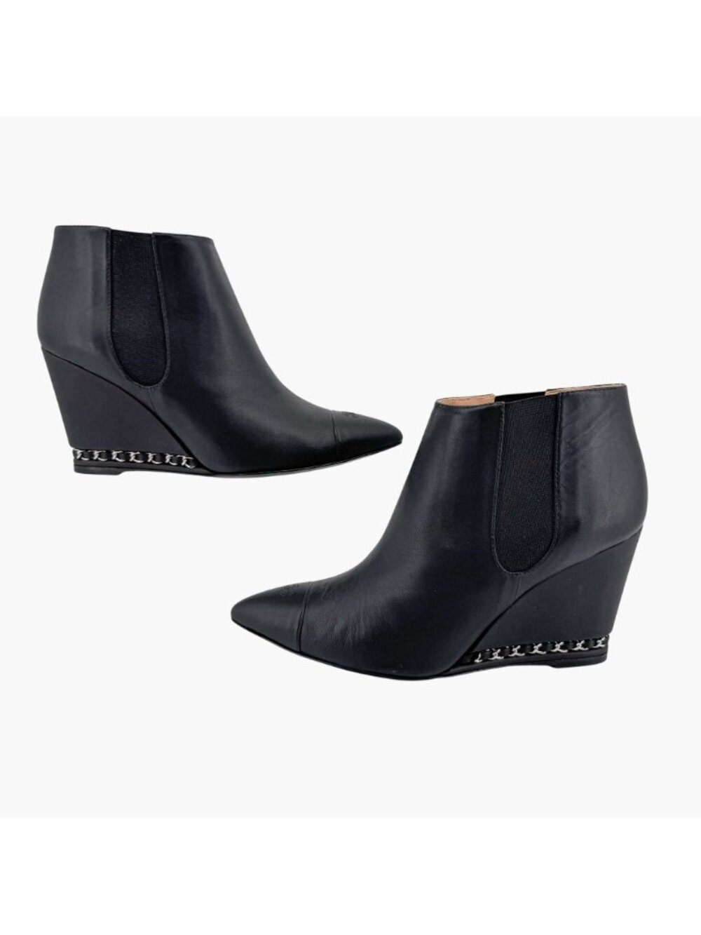 Chanel CC Black Leather Pointed Chain Wedge Ankle Boot Bootie Size 39.5 US 8.5-9 - Picture 8 of 16